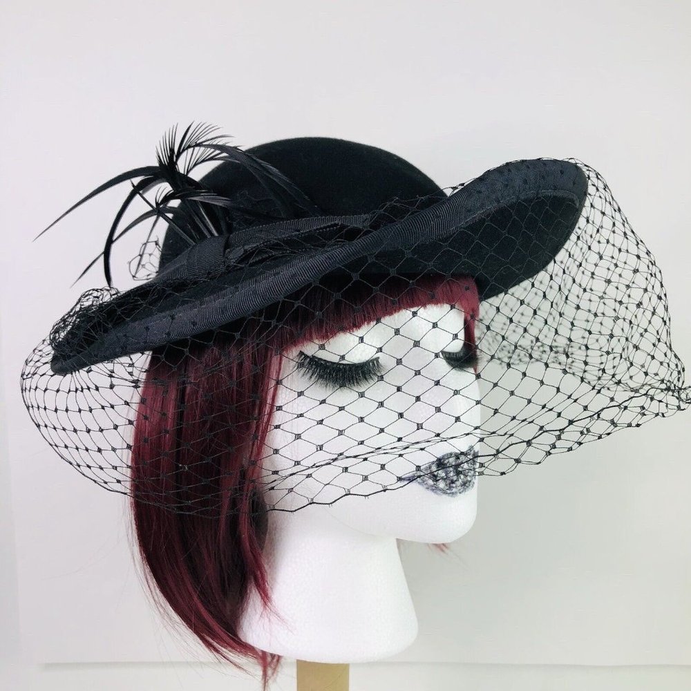 Vintage Women Black Mesh Feather Bow Wool Hat 1950s Fascinator Retro Church USA